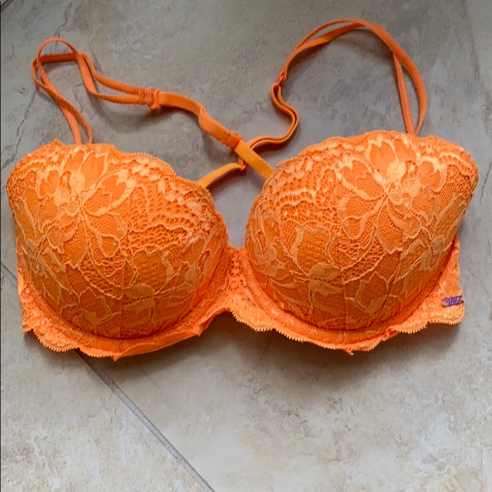 PINK 32D Orange Lace Push-up Bra